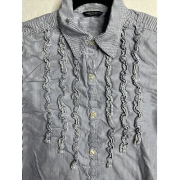 American Eagle Button-Front Favorite Fit Blue/White Stripe Ruffle Front Shirt M - Picture 4 of 12